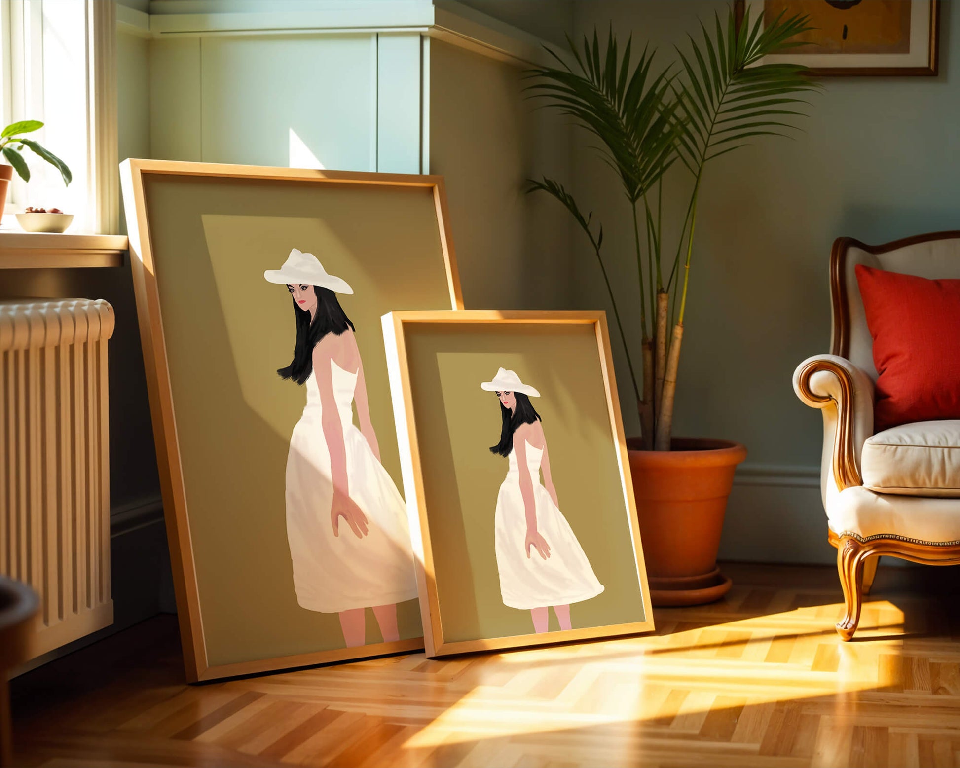 Woman in a white dress and hat on a gold background