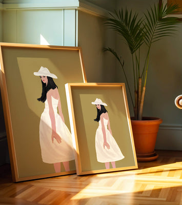 Woman in a white dress and hat on a gold background