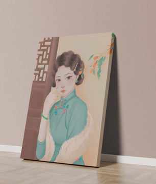 Elegante retrato de una mujer con atuendo tradicional y accesorios de jade