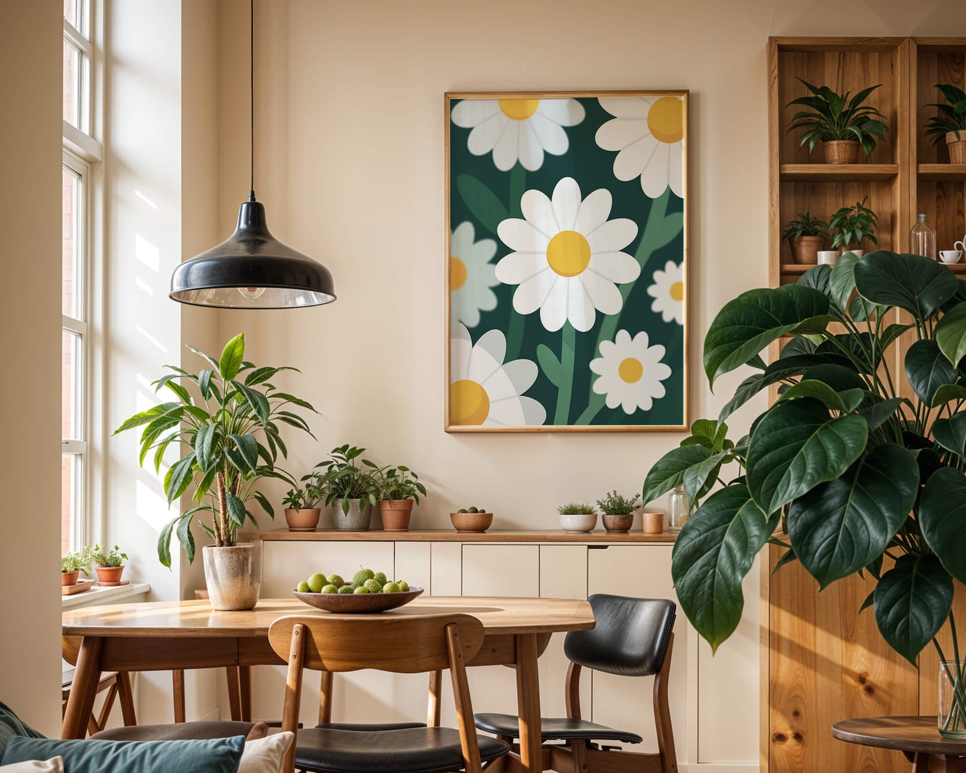 Margaritas sobre fondo verde oscuro con diseño abstracto