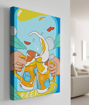 Colorful Illustration of Two Clinking Beer Mugs with Ice Cubes and Citrus Slices