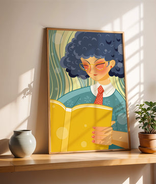 Illustration d'une personne lisant un grand livre jaune dans un style stylisé