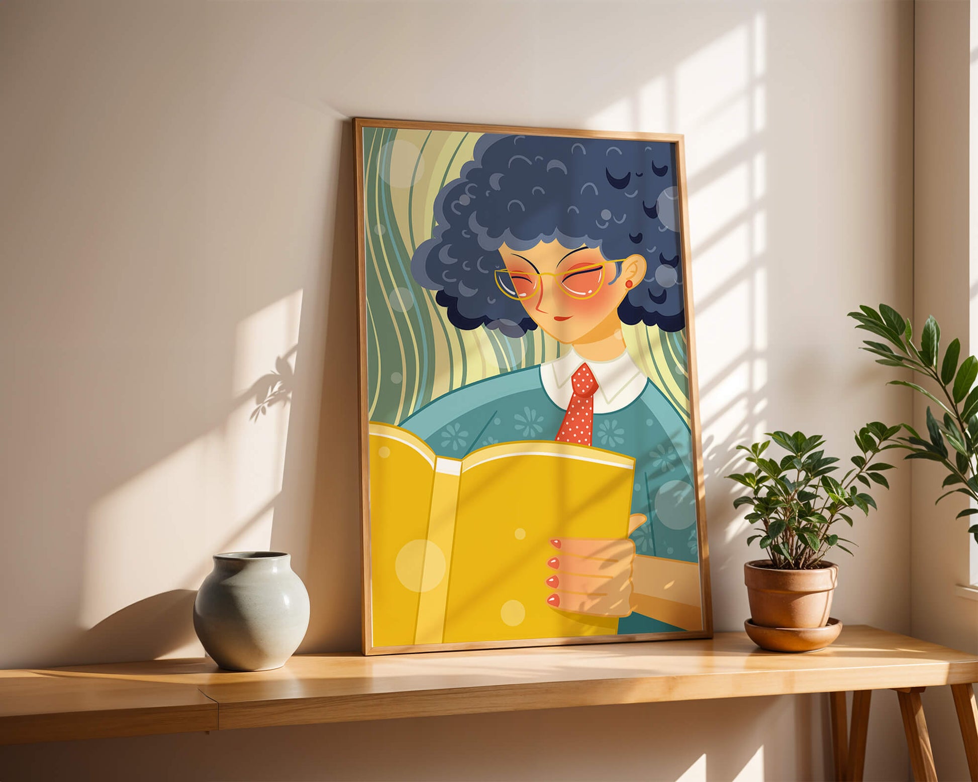 Illustration of a person reading a large yellow book in a stylized design