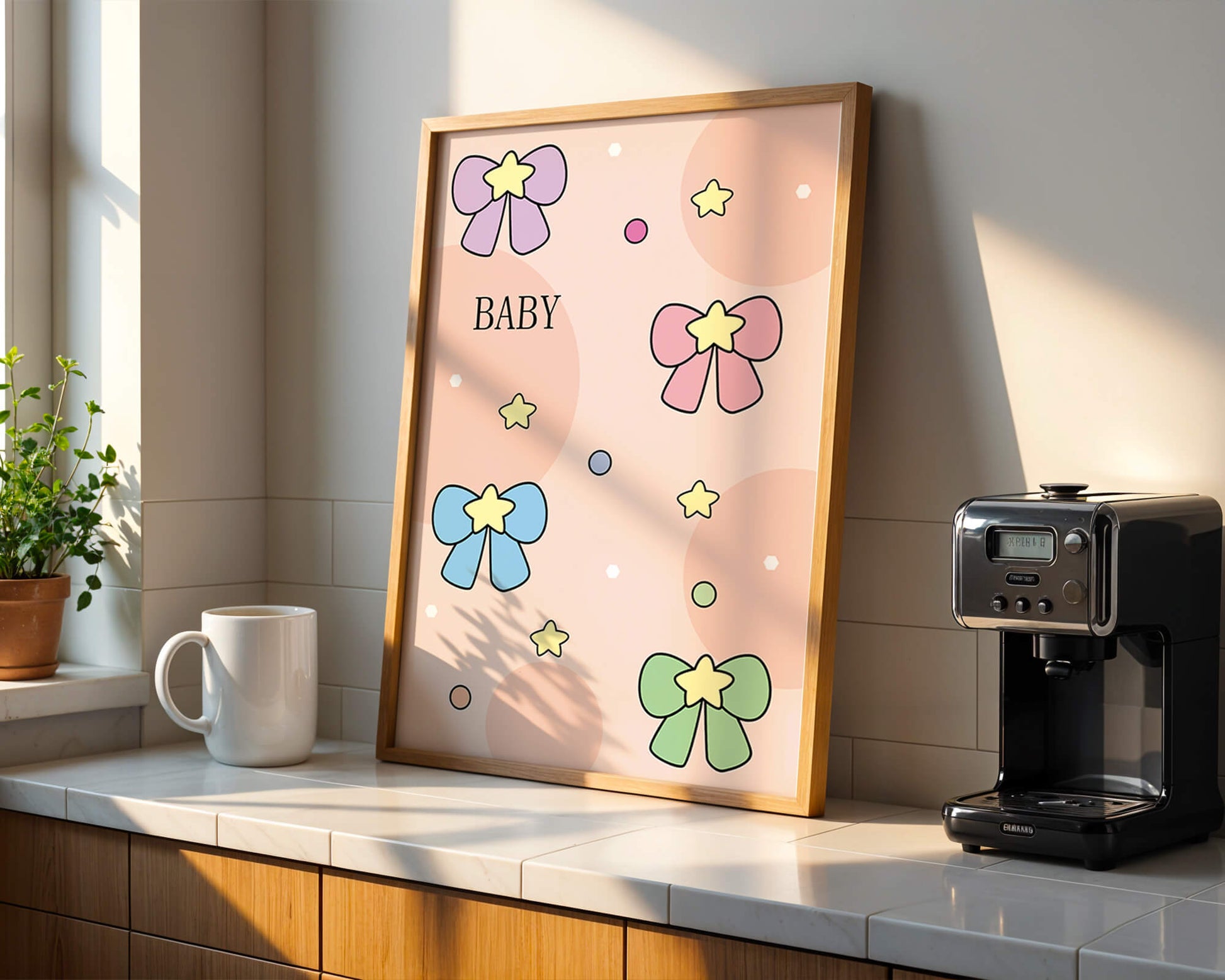 Colorful baby-themed backdrop with bows and stars