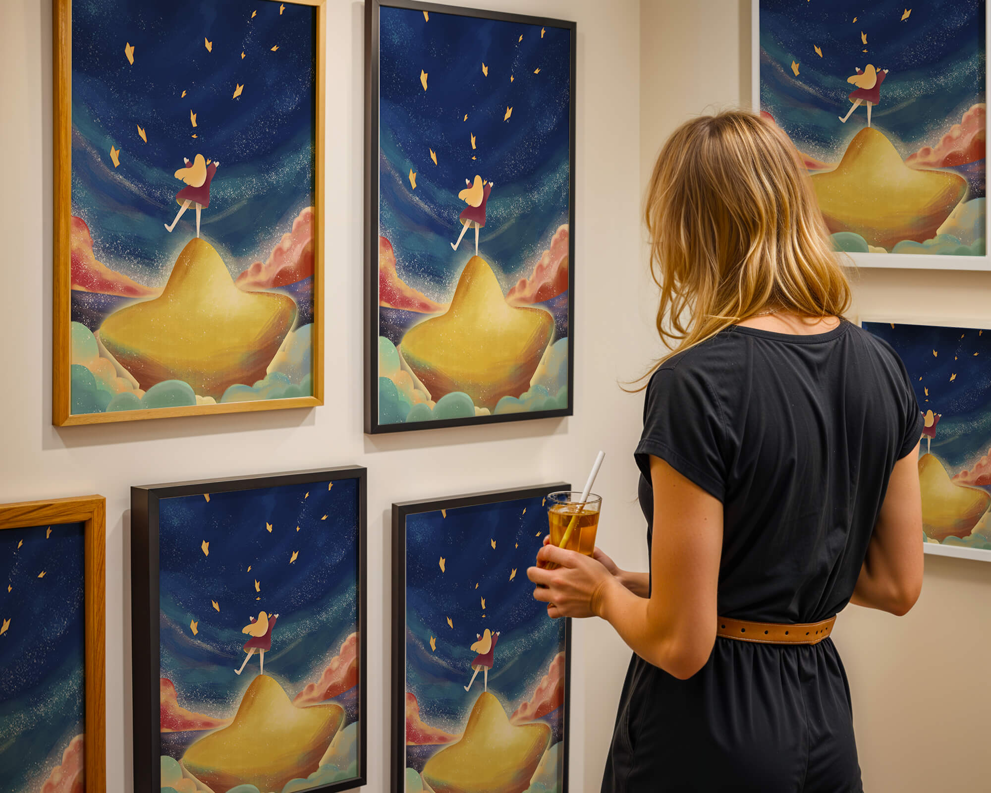 Girl standing on a golden hill reaching for stars in a dreamy night sky
