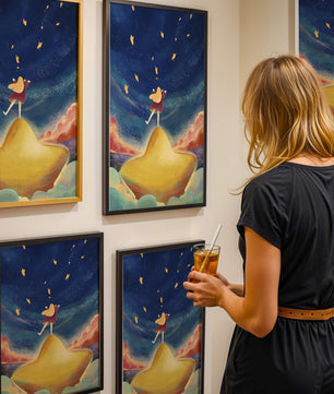 Girl standing on a golden hill reaching for stars in a dreamy night sky