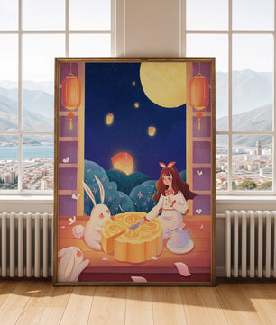Moonlit Night with Lanterns and Tea Ceremony Featuring Rabbits and Mooncakes