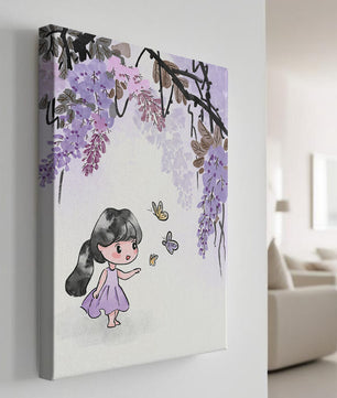 Charmante Illustration eines kleinen Mädchens mit Schmetterlingen und Glyzinienblüten