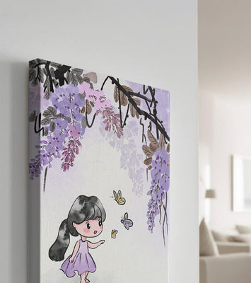 Charming illustration of a little girl with butterflies and wisteria flowers