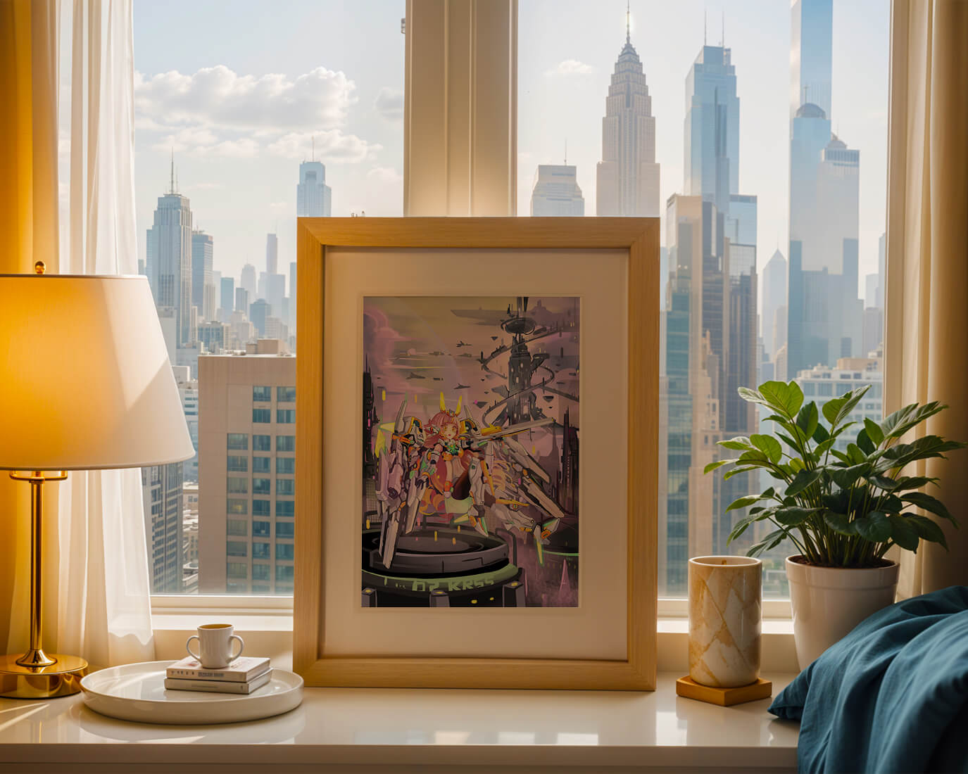 Futuristic illustration of girl with robot in sci-fi cityscape