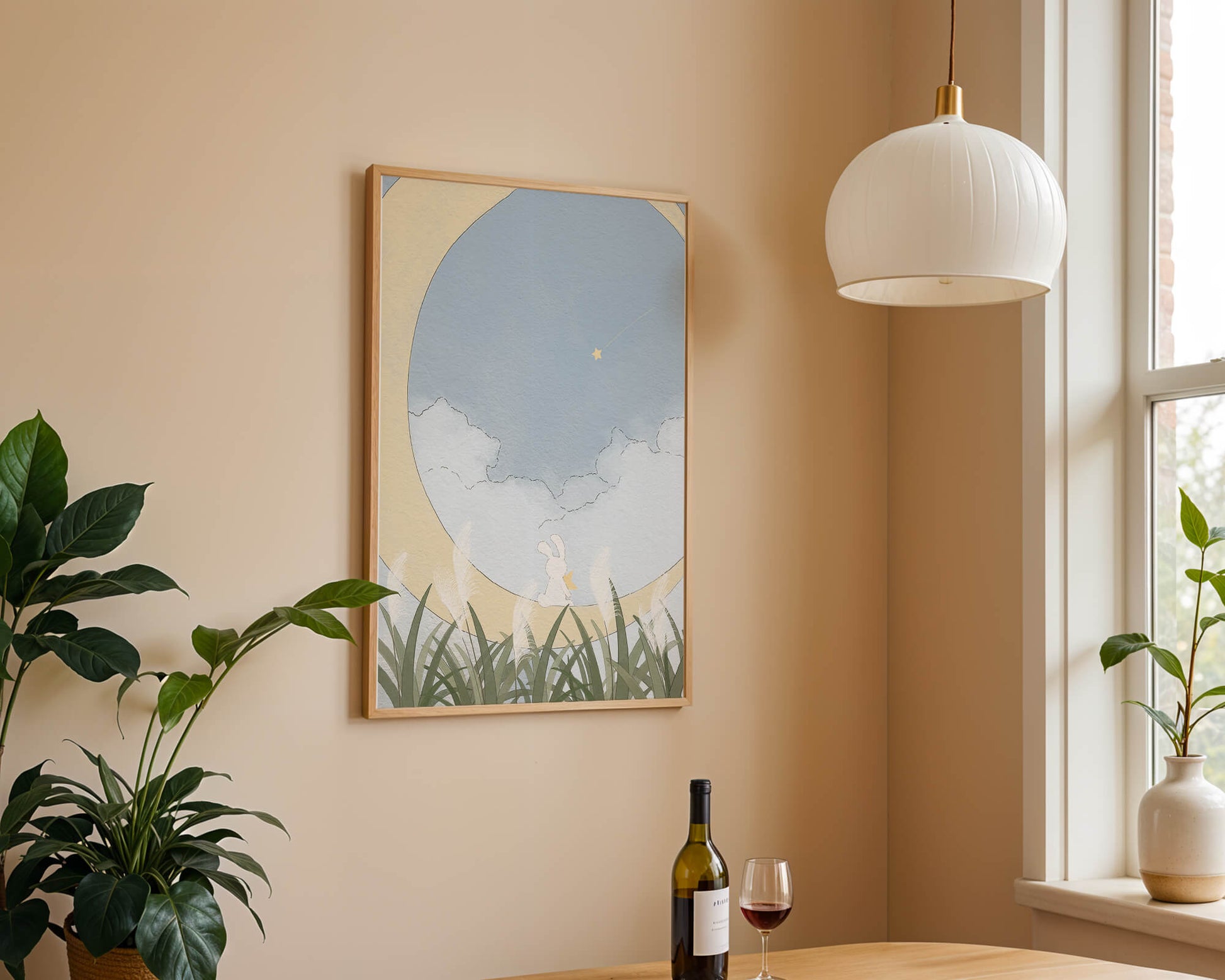 Dreamy Rabbit Sitting on Crescent Moon with Star and Clouds in Sky