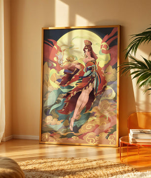 An enchanting depiction of a celestial figure with a mystical rabbit and vibrant attire