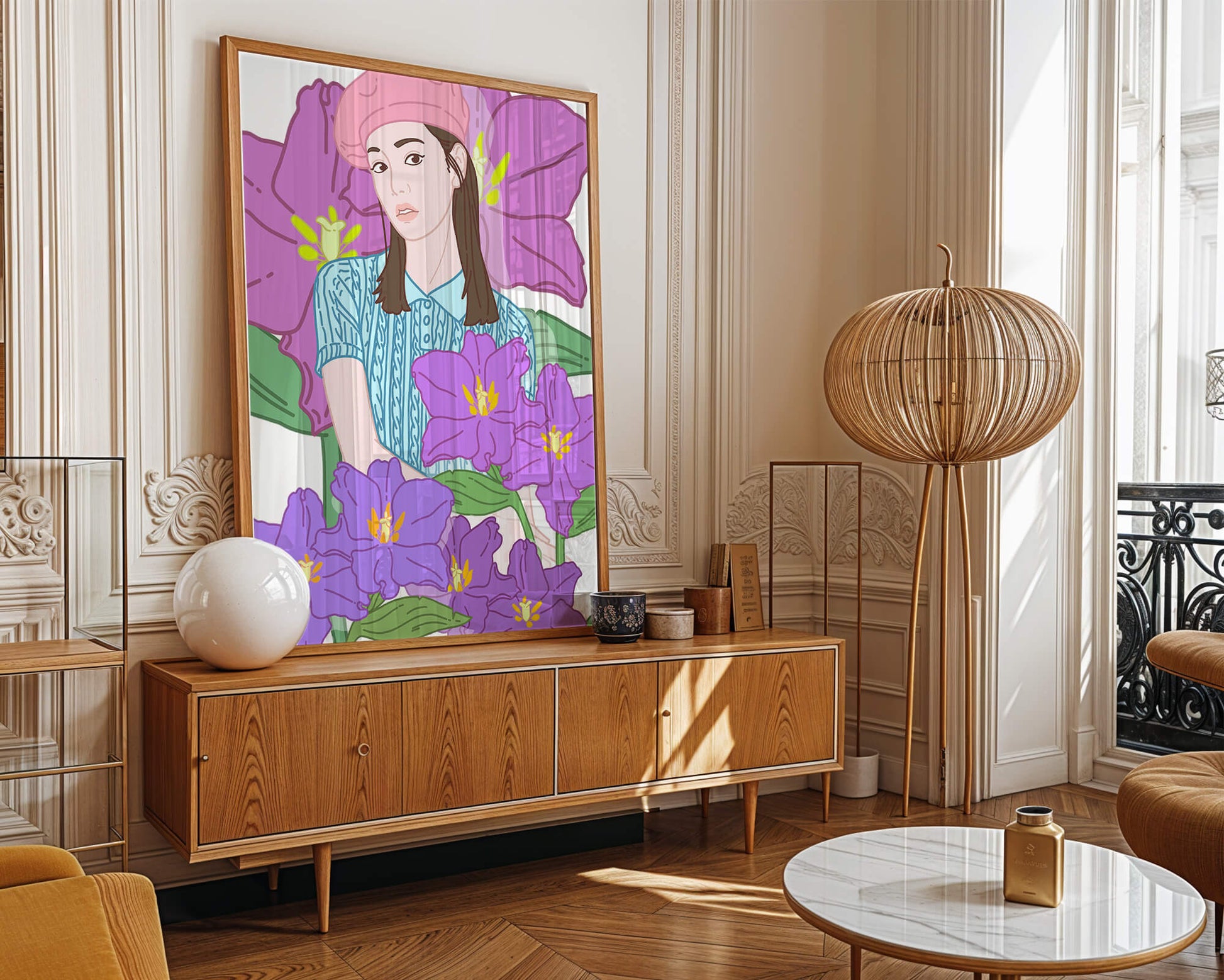 Ilustración de una joven con boina rosa y flores moradas