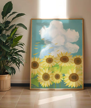 Sonnenblumen in einer hellen Wiese mit blauem Himmel und Wolken