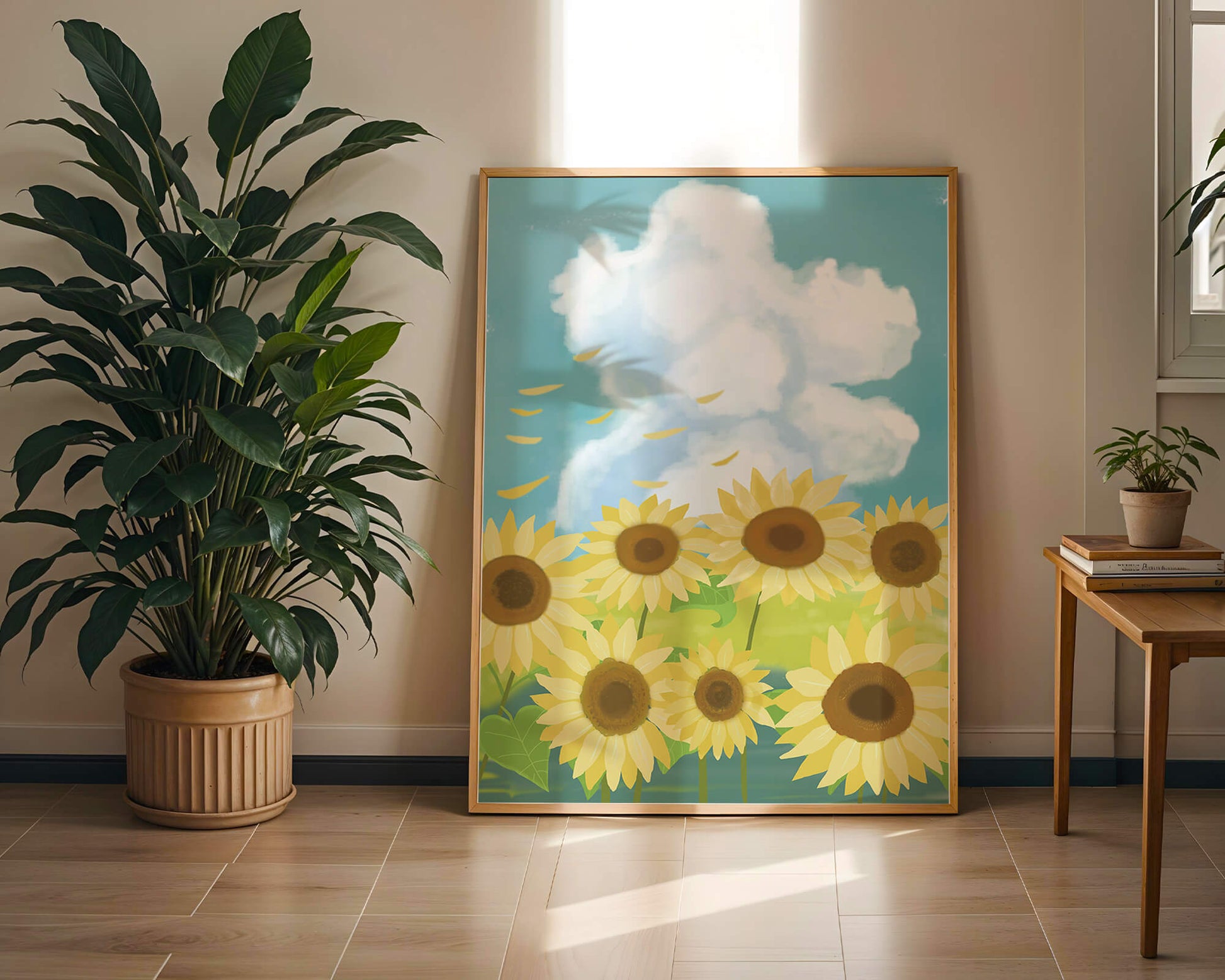 Girasoles en un prado brillante con cielo azul y nubes