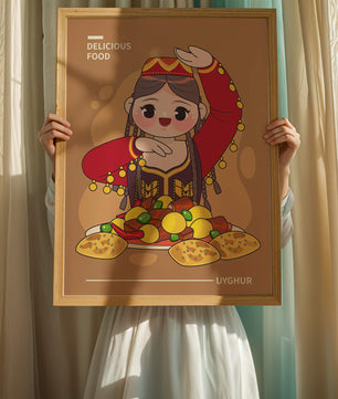 Illustration d’une figure culturelle ouïghoure portant un costume traditionnel et partageant un repas festif