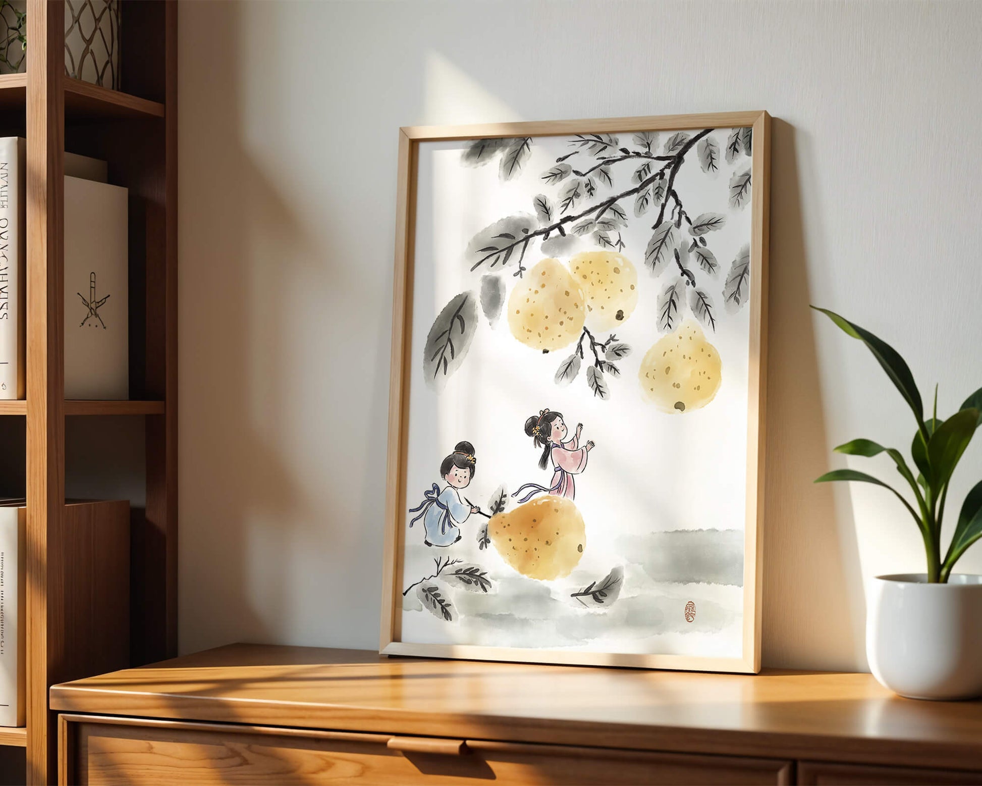 Ilustración encantadora de niños en vestimenta tradicional recolectando peras