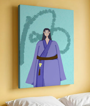 Personaje con atuendo tradicional sobre fondo texturizado