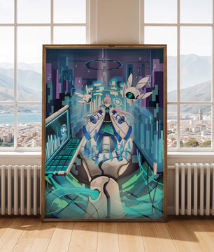 Escena futurista de anime digital con elementos de ciencia ficción y compañeros robóticos