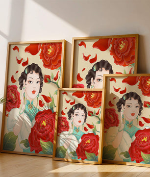 Mujer elegante rodeada de vibrantes flores y pétalos rojos