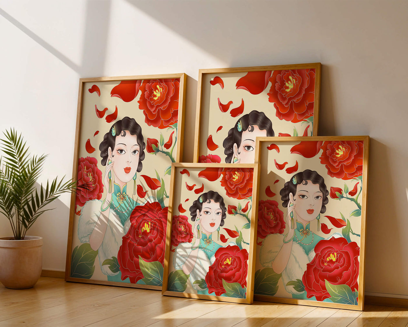 Elegant woman surrounded by vibrant red flowers and petals