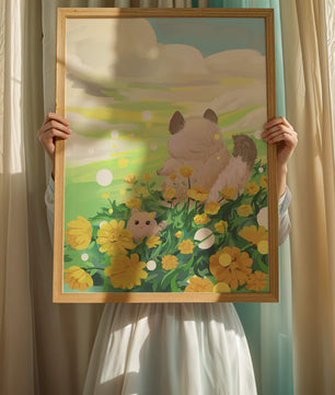 Whimsical Scene of Fluffy Cat and Kitten Among Yellow Flowers