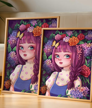 Illustration of a girl with floral crown surrounded by vibrant flowers