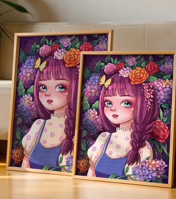 Illustration of a girl with floral crown surrounded by vibrant flowers