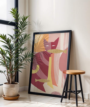 Abstract cat artwork with gold accents and colorful patterns