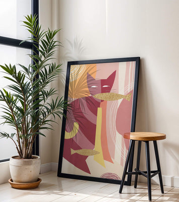 Abstract cat artwork with gold accents and colorful patterns