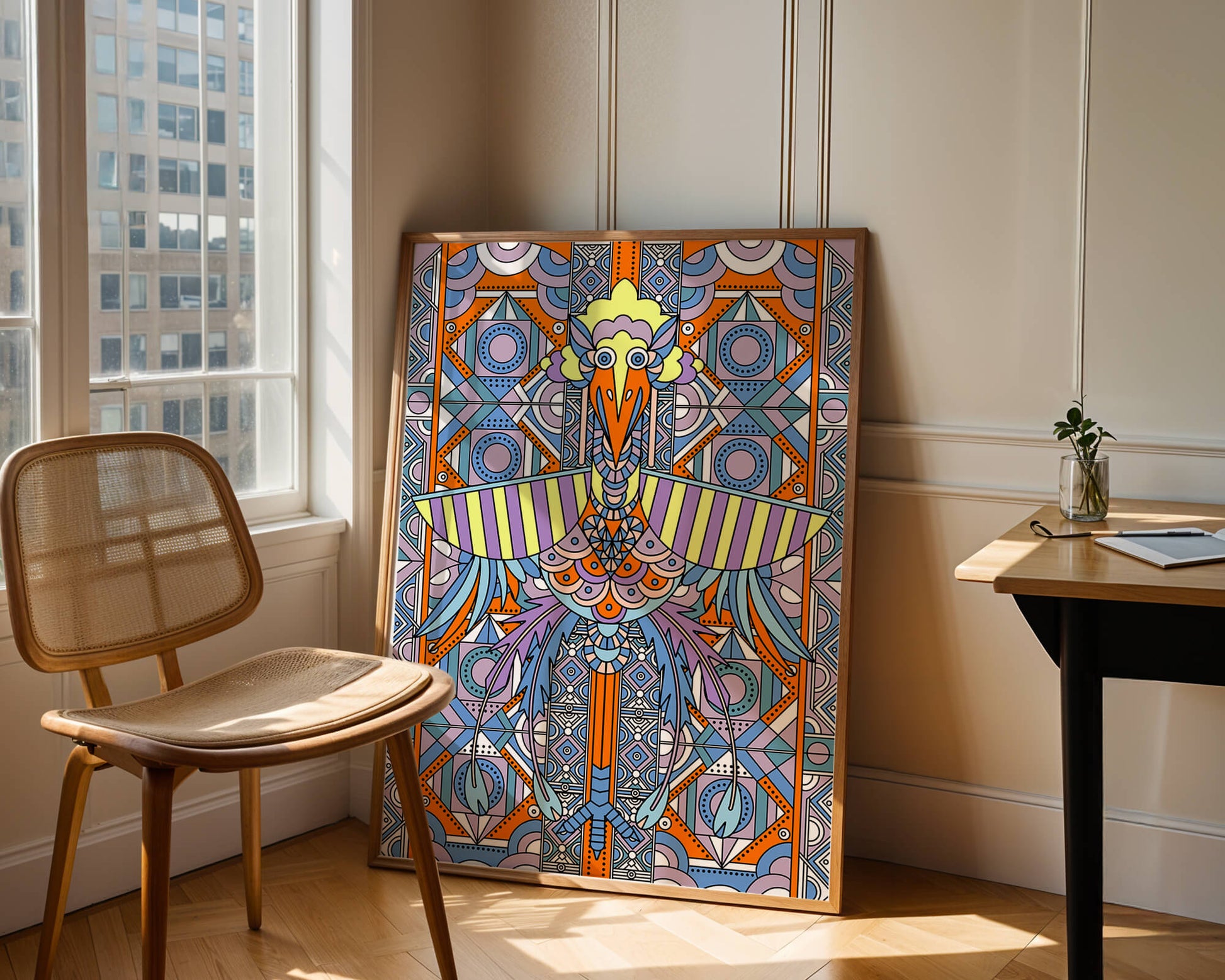 Arte geométrico de aves con patrones coloridos y detalles intrincados