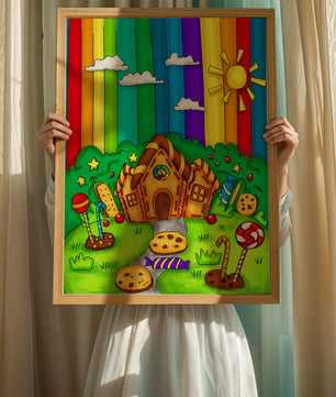 Whimsical candy house in a vibrant rainbow landscape