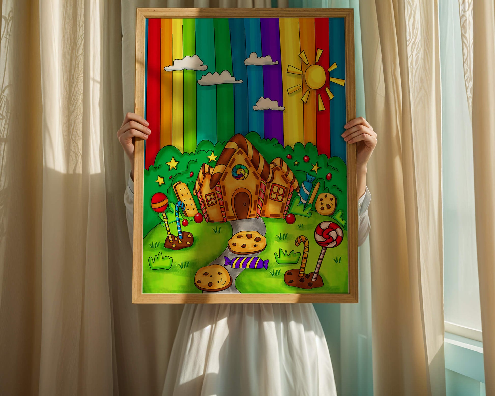 Whimsical candy house in a vibrant rainbow landscape