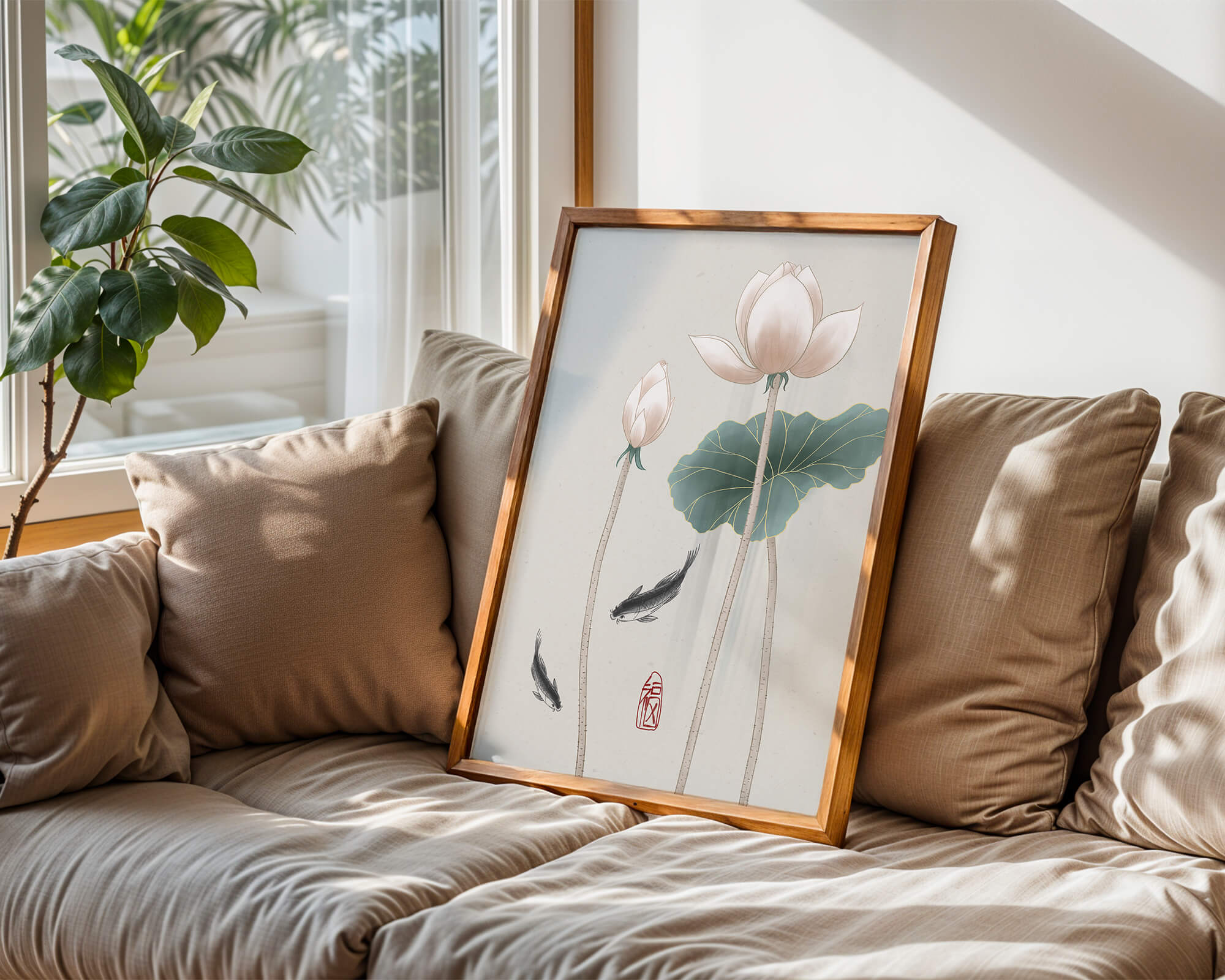 Lotus flowers and koi fish in minimalist Asian art illustration