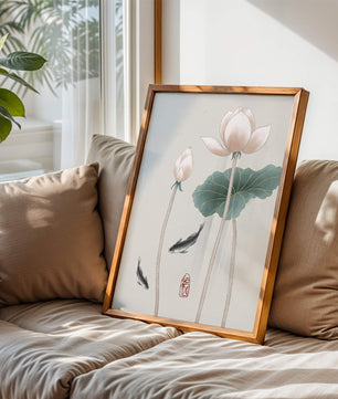 Fleurs de lotus et carpes koï dans une illustration d’art asiatique minimaliste
