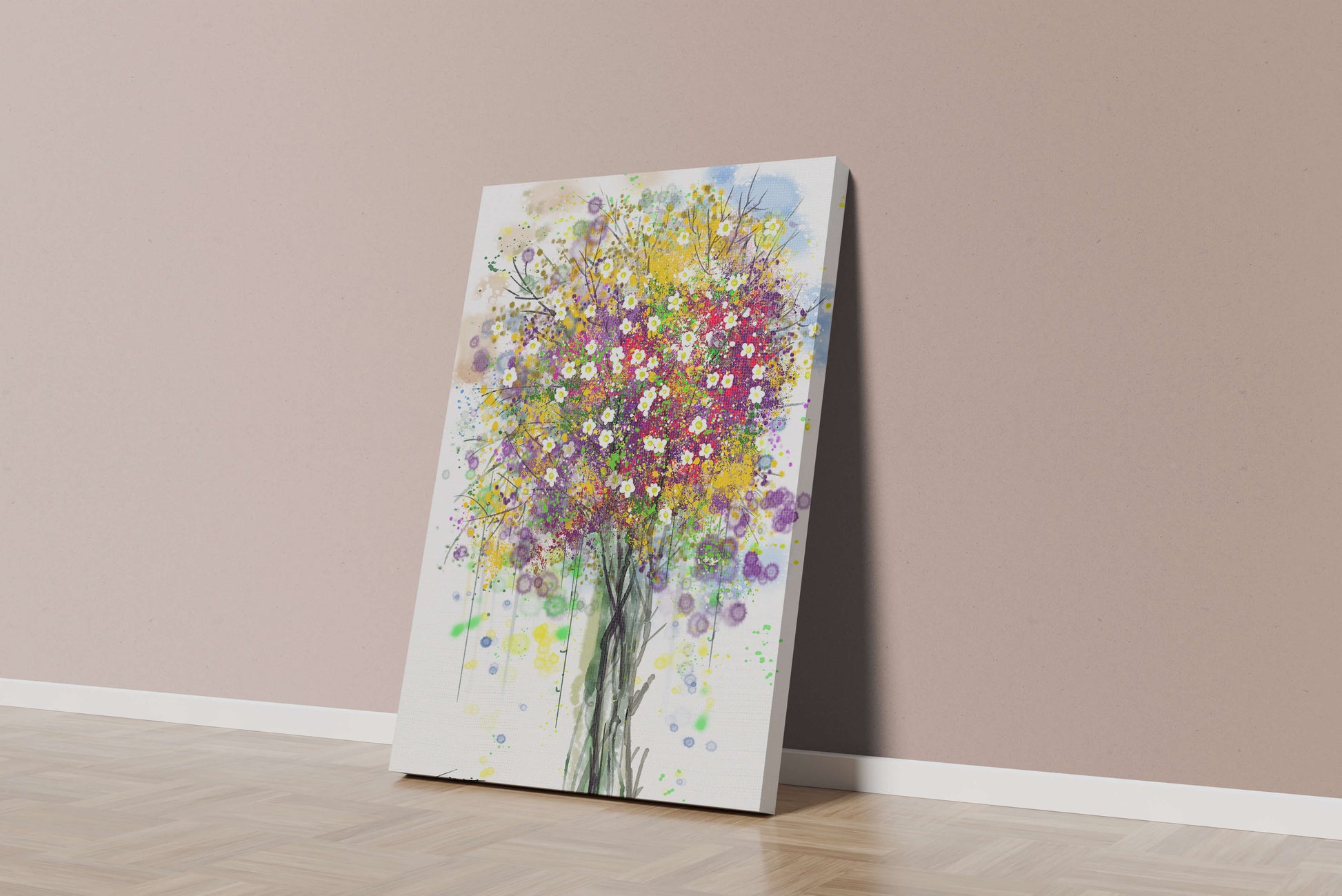 Abstract expressionist floral tree with vibrant colors