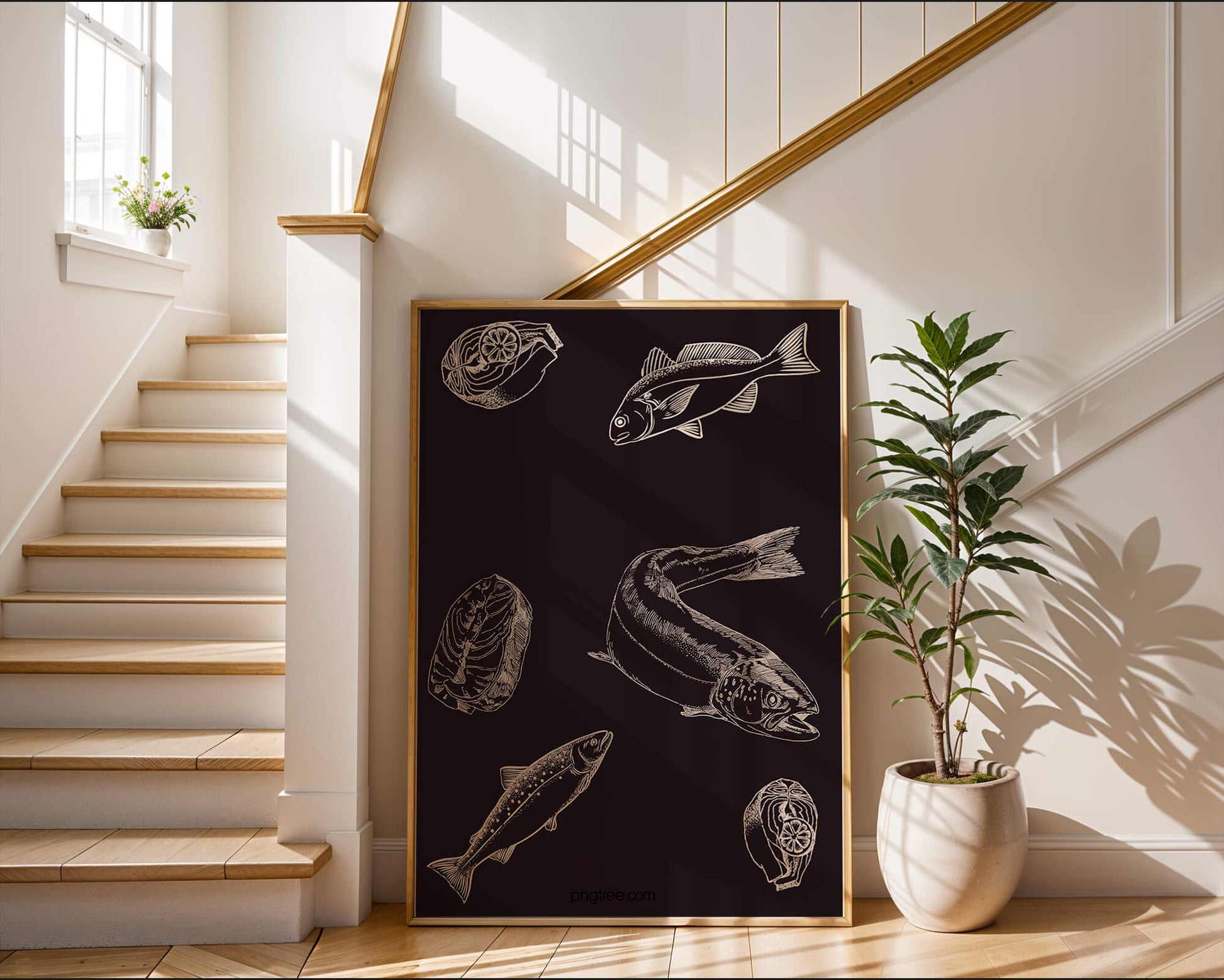 Detailed illustration of fish and seafood elements on dark background