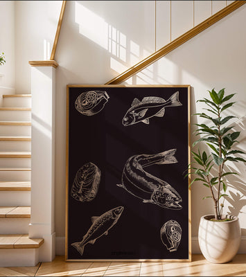 Detailed illustration of fish and seafood elements on dark background