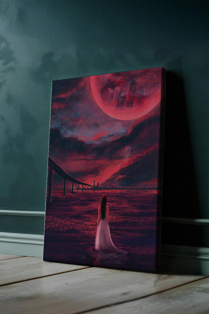 Dreamlike landscape with bridge and red night sky