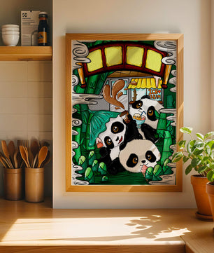 Ilustración de pandas encantadores disfrutando de helado bajo un puente de bambú