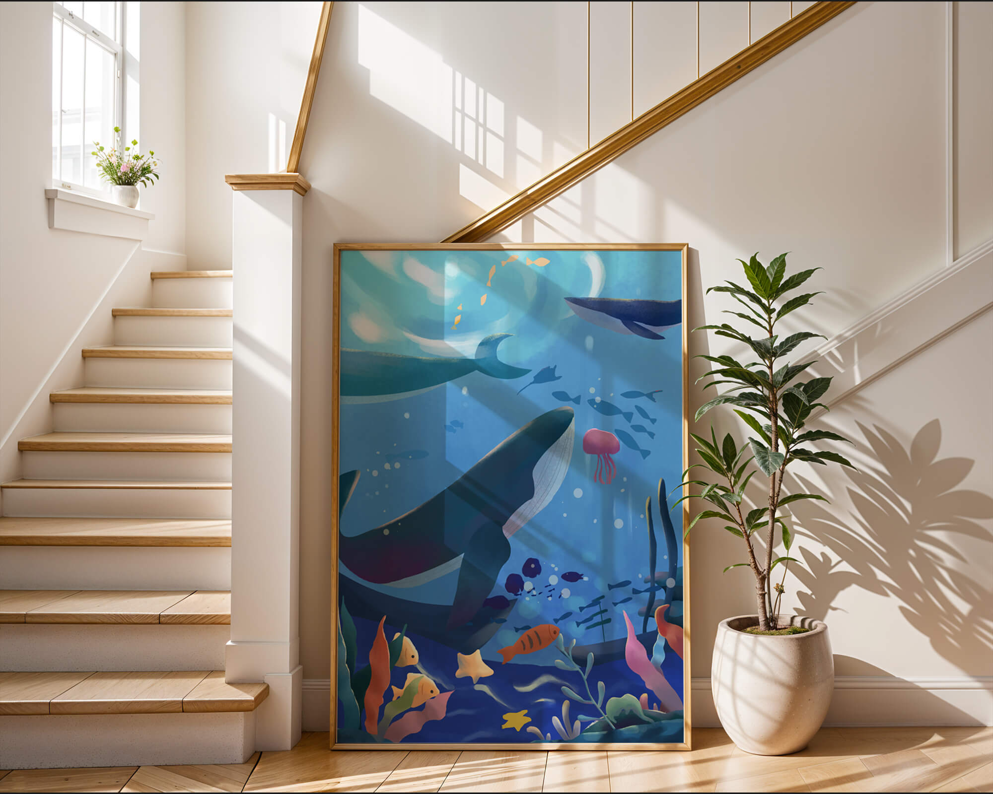 Underwater scene with whales, fish, and coral reef