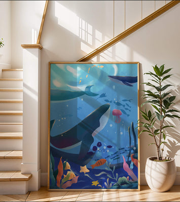 Underwater scene with whales, fish, and coral reef