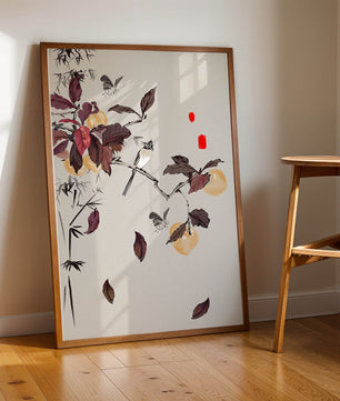 Elegant nature illustration featuring butterflies and birds on a branch