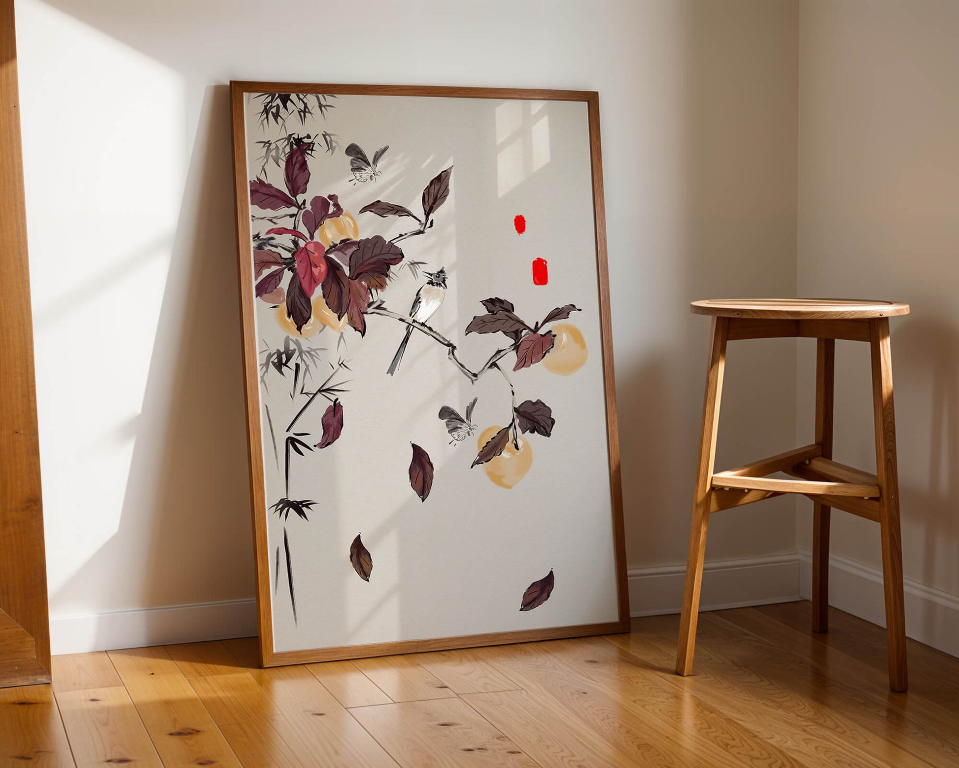Elegant nature illustration featuring butterflies and birds on a branch