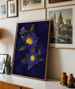 Floral Art with Blue and Yellow Lotus Design on Starry Background