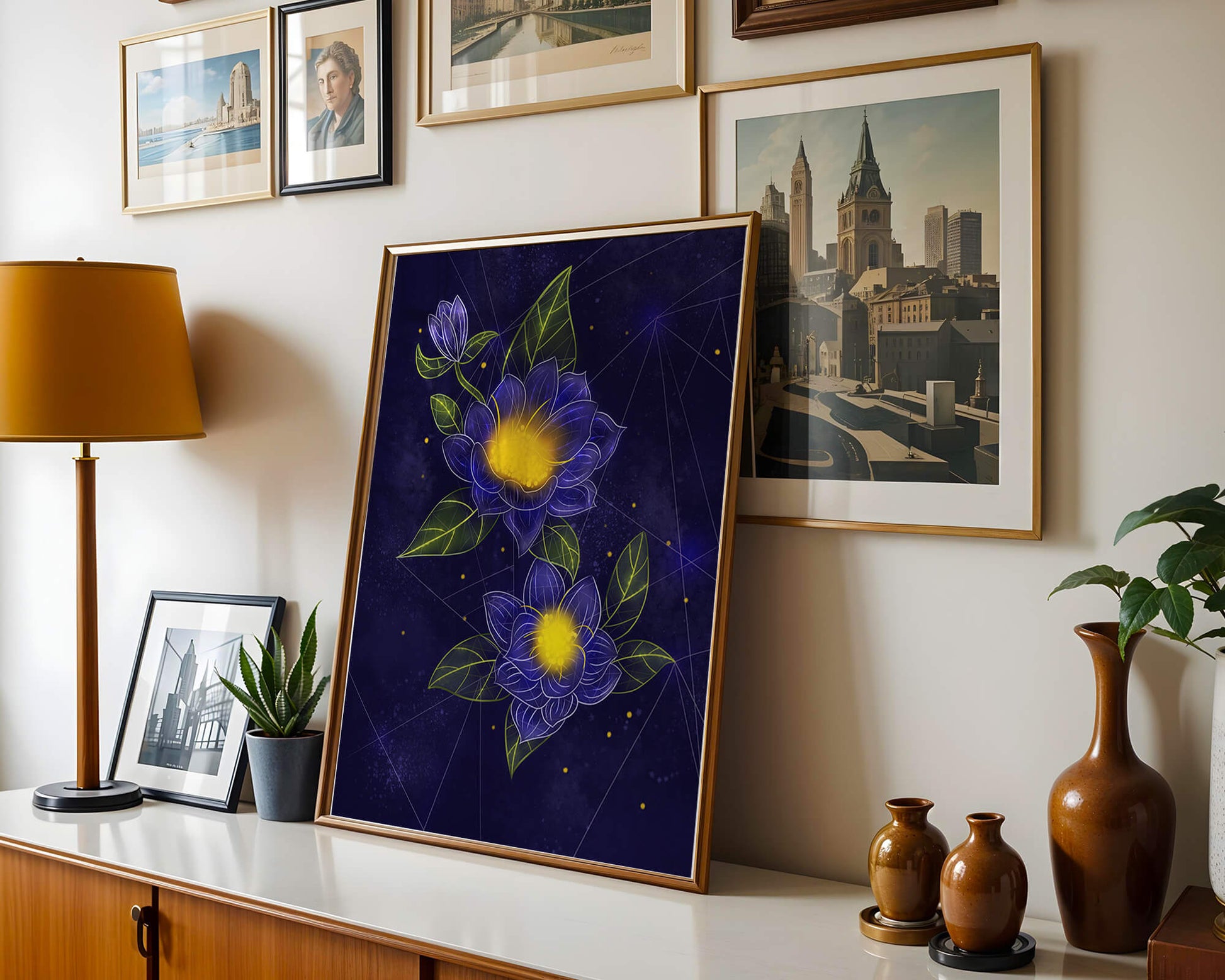 Floral Art with Blue and Yellow Lotus Design on Starry Background