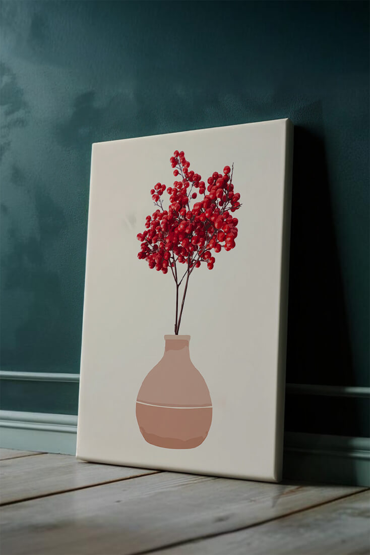 Red berries in minimalist clay vase on neutral background