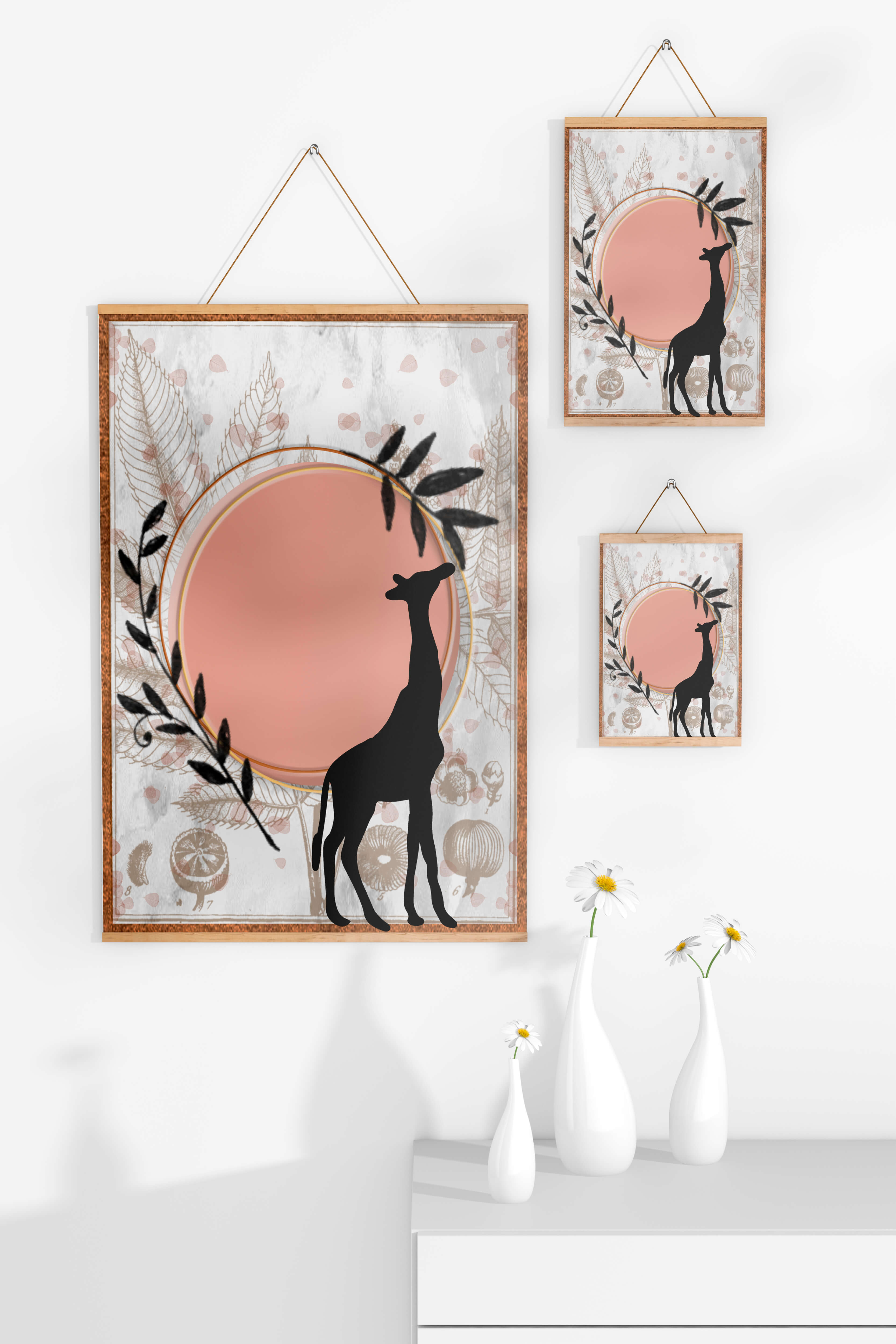 Nature-inspired artwork with giraffe silhouette and botanical elements