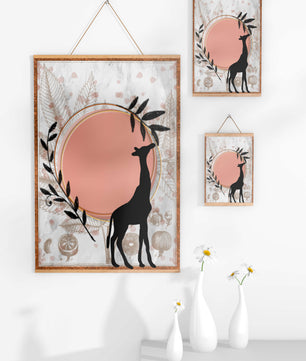 Von der Natur inspiriertes Kunstwerk mit Giraffensilhouette und botanischen Elementen