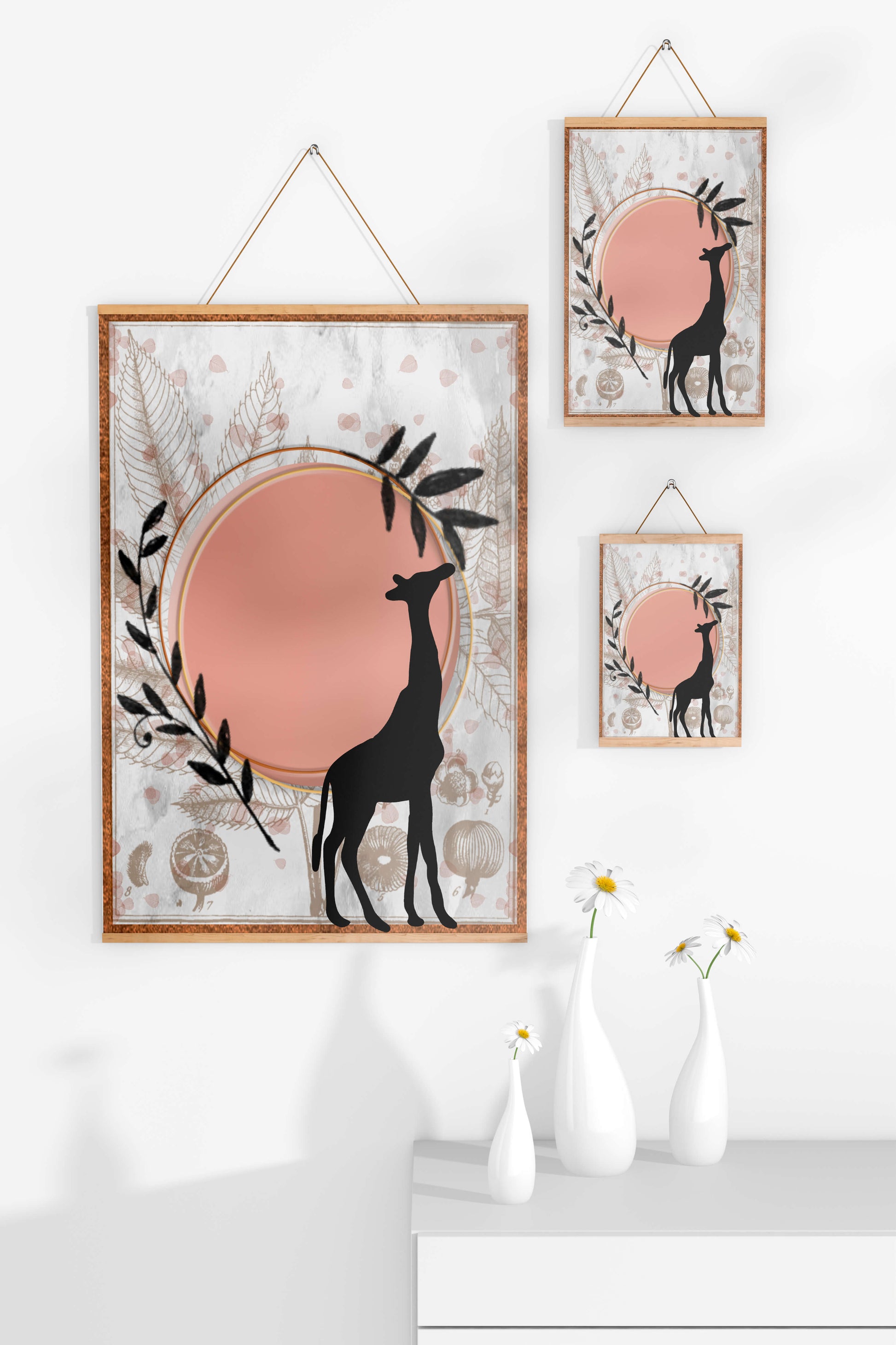 Nature-inspired artwork with giraffe silhouette and botanical elements